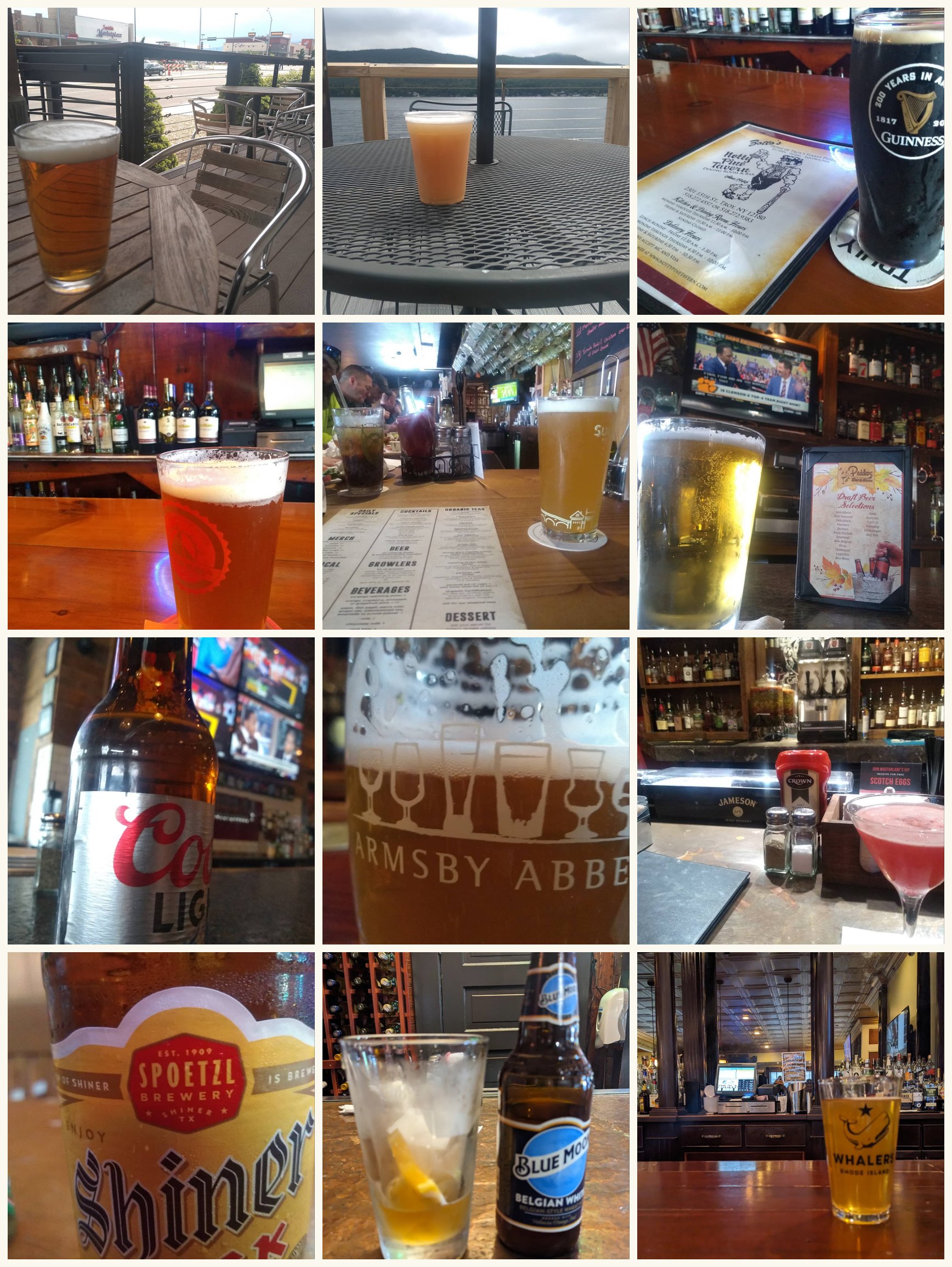 A twelve-photograph collage of beers at bars, taverns and patios, three across and four down