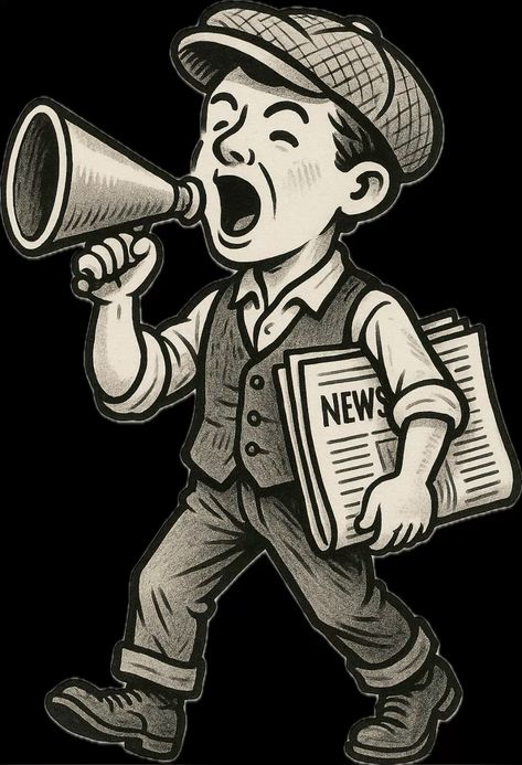 Vintage newspaper boy announcing headlines through a megaphone