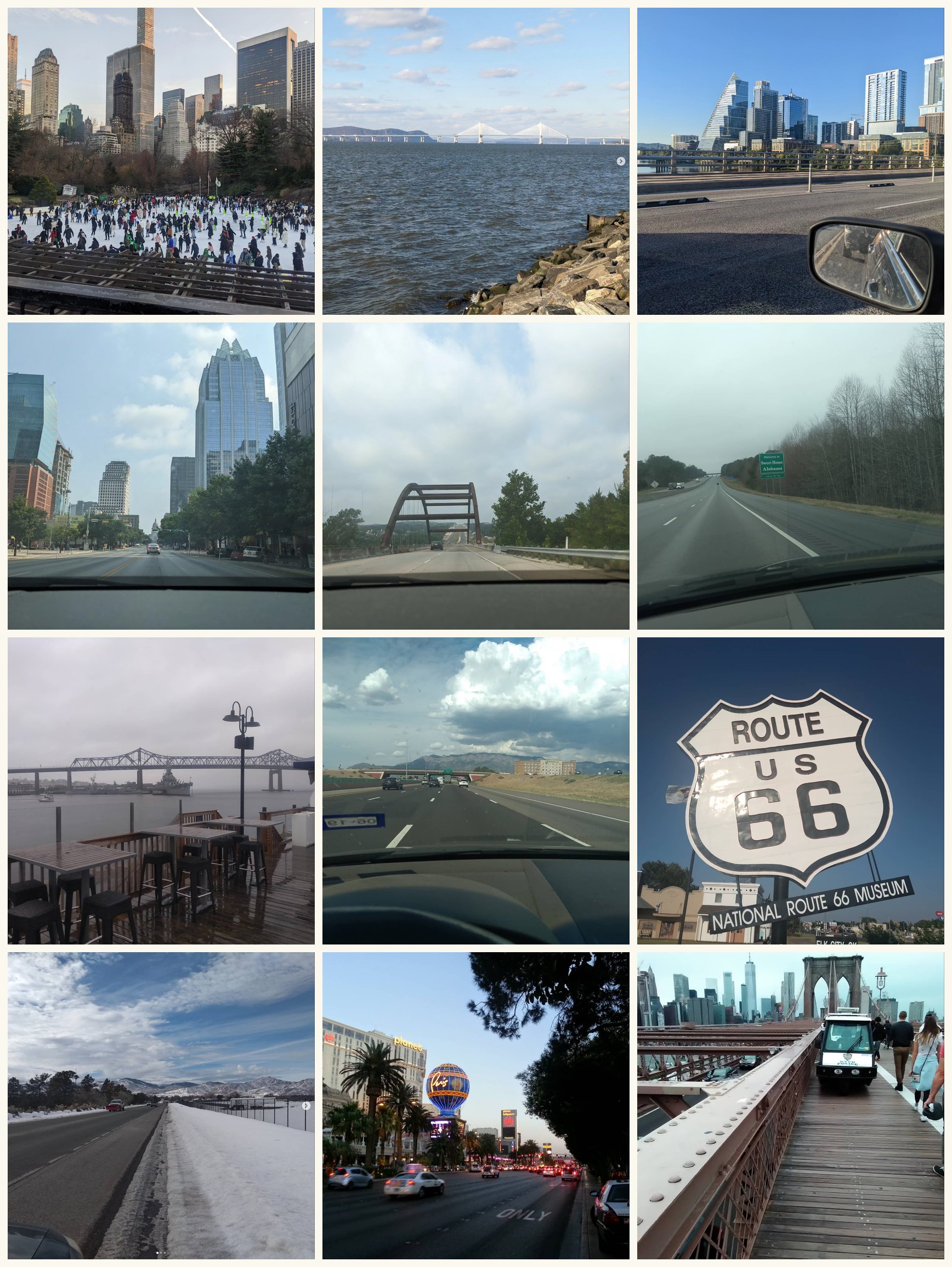 A twelve-photograph collage of road trips, bridges, skylines and highway signs